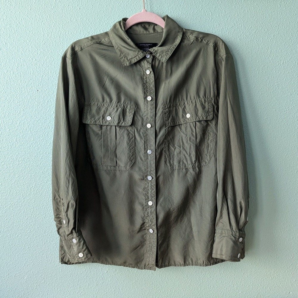 Banana Republic‎ Womens Olive Green 100% Silk Utility Button Down Shirt Petite S